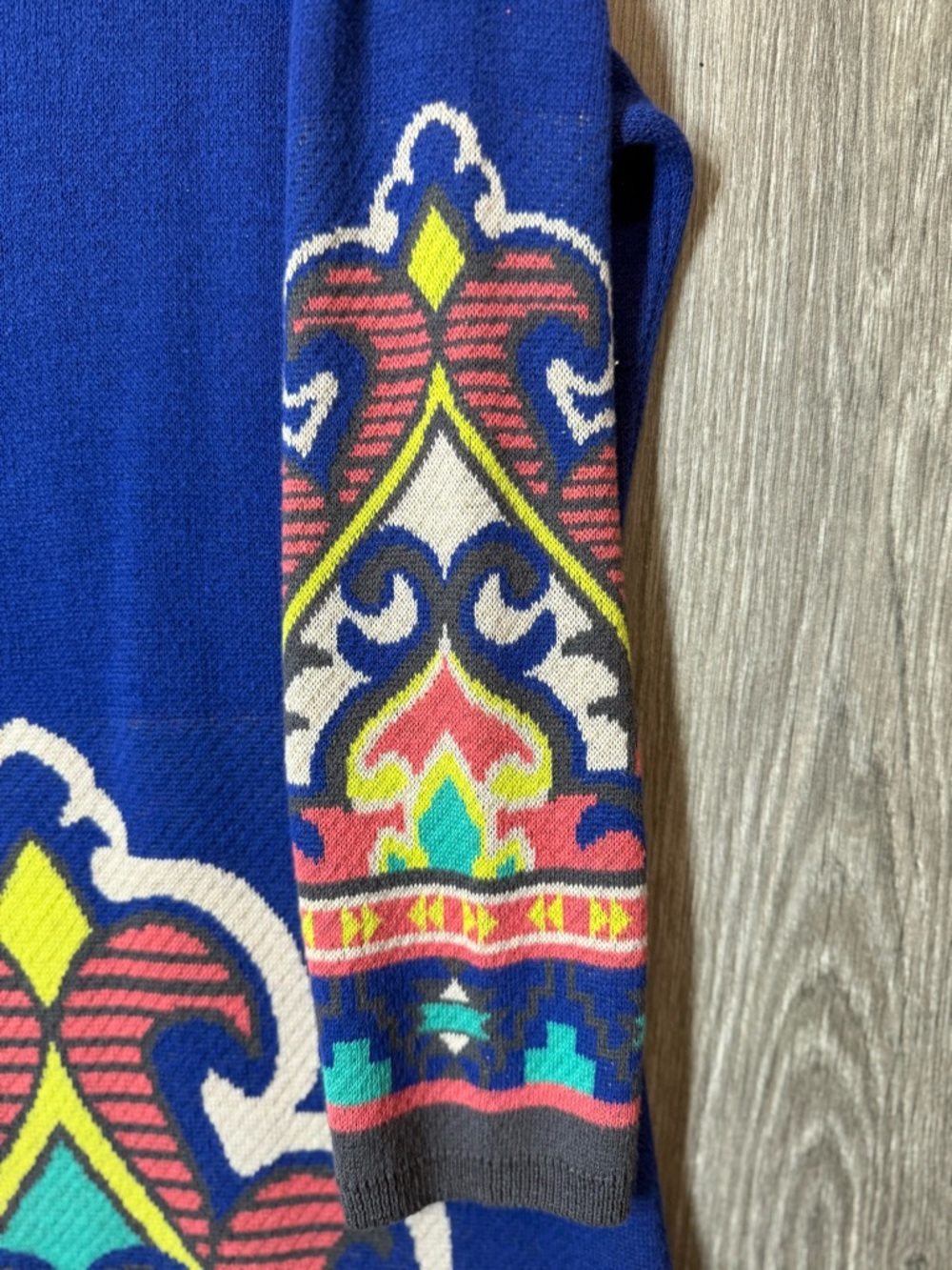 Boho Sweater Mini Dress Royal Blue Baroque Tapestry Intarsia Knit Festival Small - Picture 7 of 9